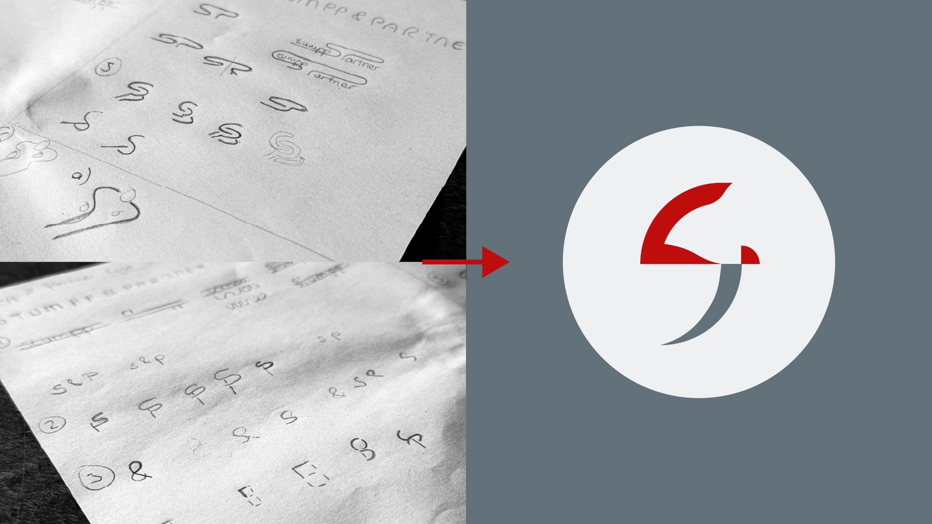 Collage von Logo-Scribbles und dem finalen Logo